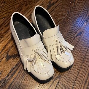 ALL BLACK Footwear Brand Cream Kilty Loafers with Lug Soles & Chunky Heel